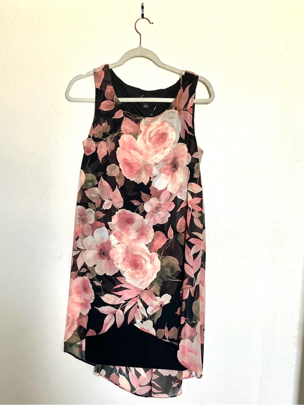 Connected Apparel Black Pink Floral Shift Dress Chiffon Flowy Overlay Size 6 NEW